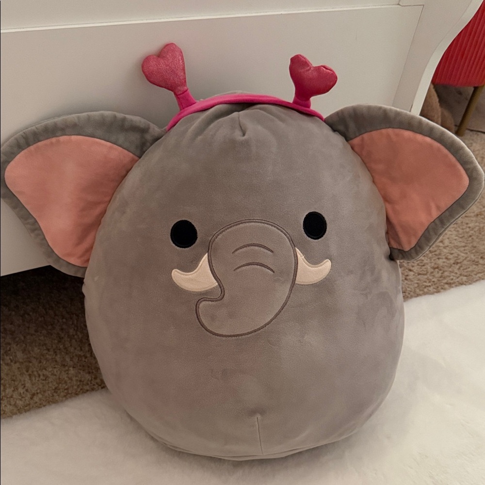 Gray Elephant Squishmallow 16 inches with pink headband